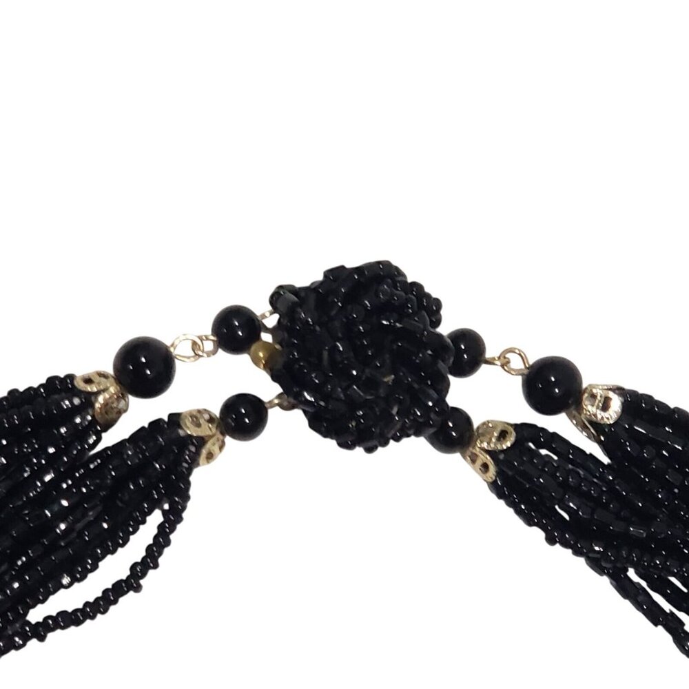 Signed Necklace Art Deco Black Glass SEED Beads Strands Japan 18 In Vintage Scar - Picture 3 of 9